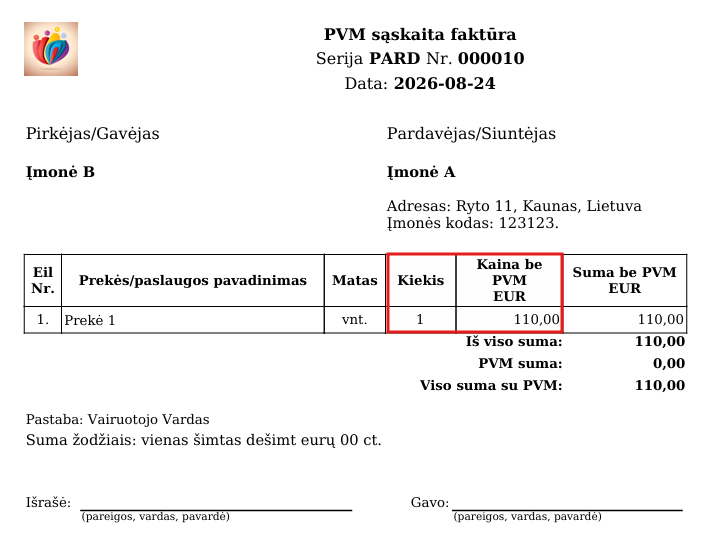 Example of sales invoice printing